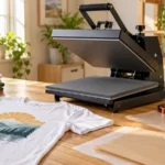 Best Heat Press for Beginners: close detail, Heat press and topic-specific transfer materials arranged in a clean studio.