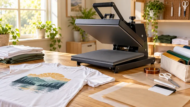 Best Heat Press for Beginners: close detail, Heat press and topic-specific transfer materials arranged in a clean studio.